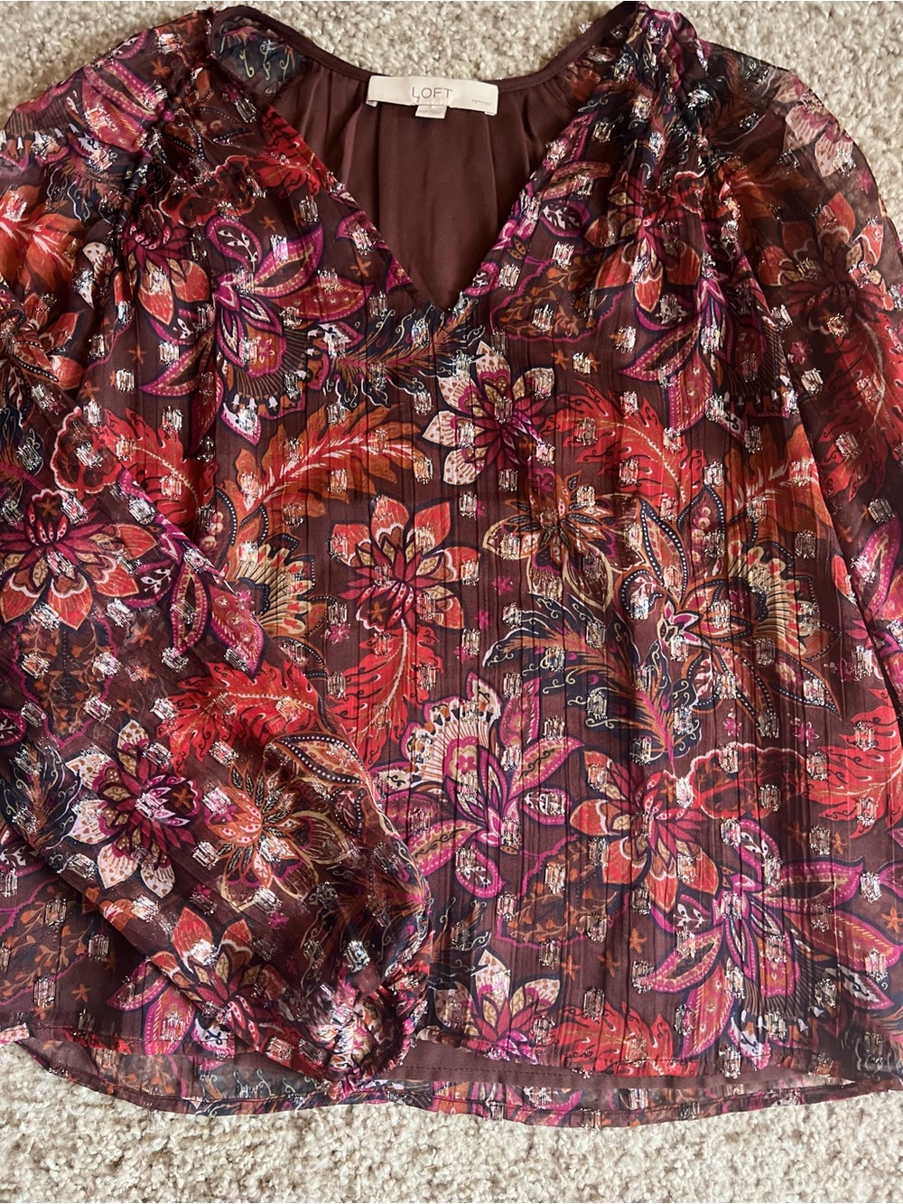 LOFT Floral Sheer V-Neck Blouse in Burgundy and Pink Multi